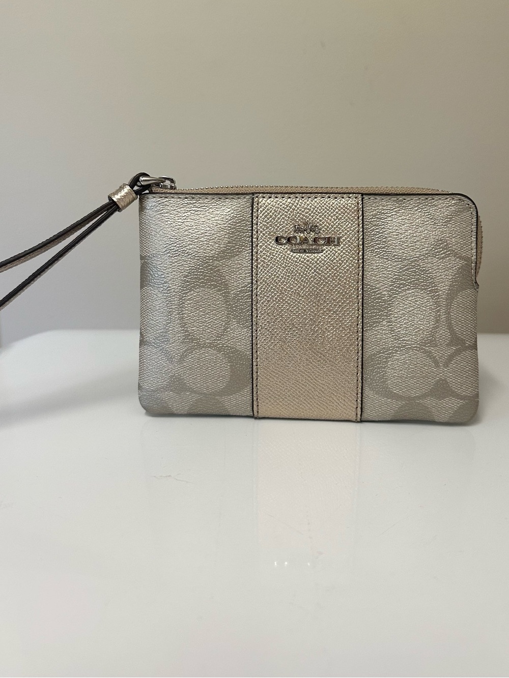 Coach Corner Zip Metallic Silver and Gold Signature Wristlet